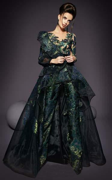 MNM COUTURE - 2470 Embossed Long Sleeves Jumpsuit with Overskirt In Green