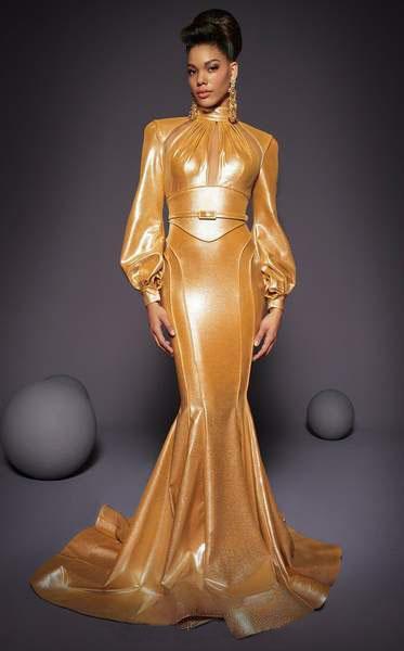 MNM COUTURE - 2474 High Neck Long Sleeves Mermaid Gown In Gold