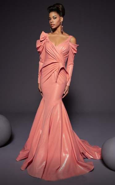MNM COUTURE - 2475 Ruched V Neck Long Sleeves Mermaid Gown In Pink