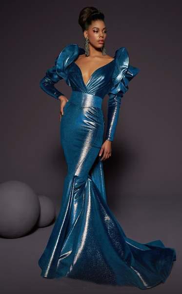 MNM COUTURE - 2477 Ruched Long Sleeves Fitted Mermaid Gown In Green