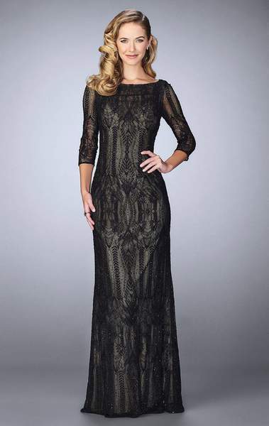 La Femme - Quarter Sleeve Sheer Lace Evening Gown 24855 In Black
