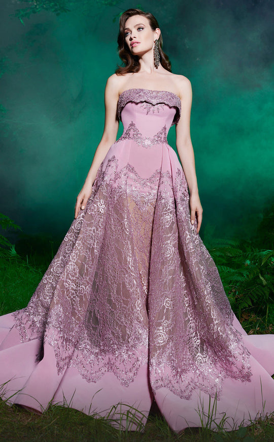 MNM COUTURE - 2487 Lace Foldover Strapless Ballgown In Pink and Neutral