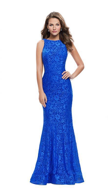 La Femme - 24903 Sleeveless Jewel Back Lace Mermaid Gown in Blue