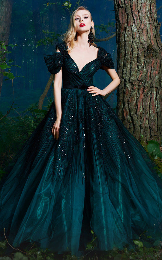 MNM COUTURE - 2491 Deep V-Neck Shirr-Rendered Ballgown In Black and Green