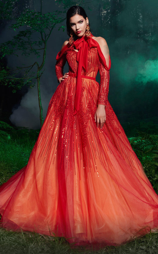 MNM COUTURE - 2492 Draped Cutaway Shoulder Sequined Ballgown In Red