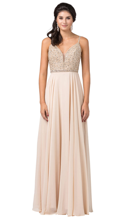 Dancing Queen - 2493 Jewel Beaded A-Line Chiffon Gown In Nude