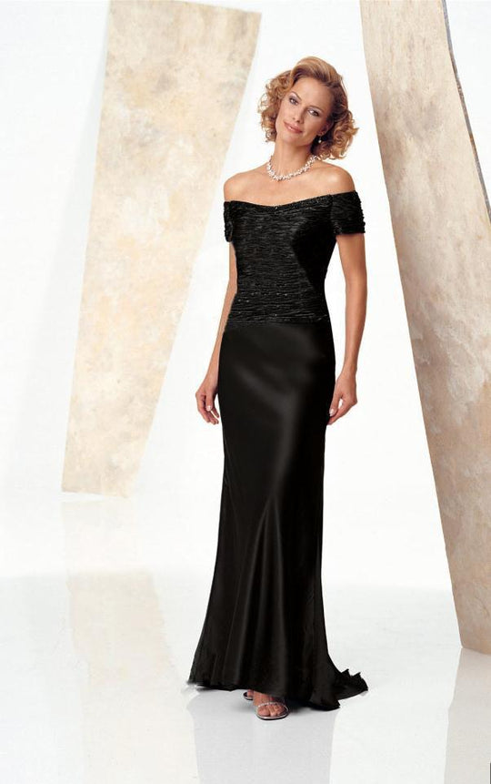 Montage by Mon Cheri - 24942P Jewel Ornate Ruched Off- Shoulder Gown In Black