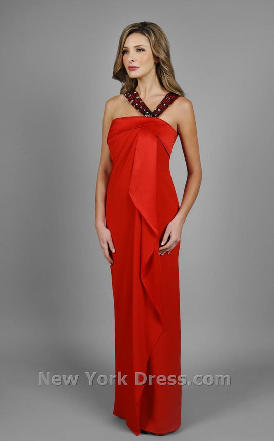 Daymor Couture - Straight Neck Beaded V-Strap Dress 303 in Red