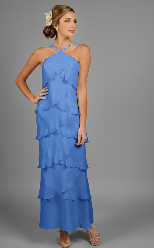 Daymor Couture - 3451 Ornate Strap Halter Layered Sheath Evening Dress In Blue