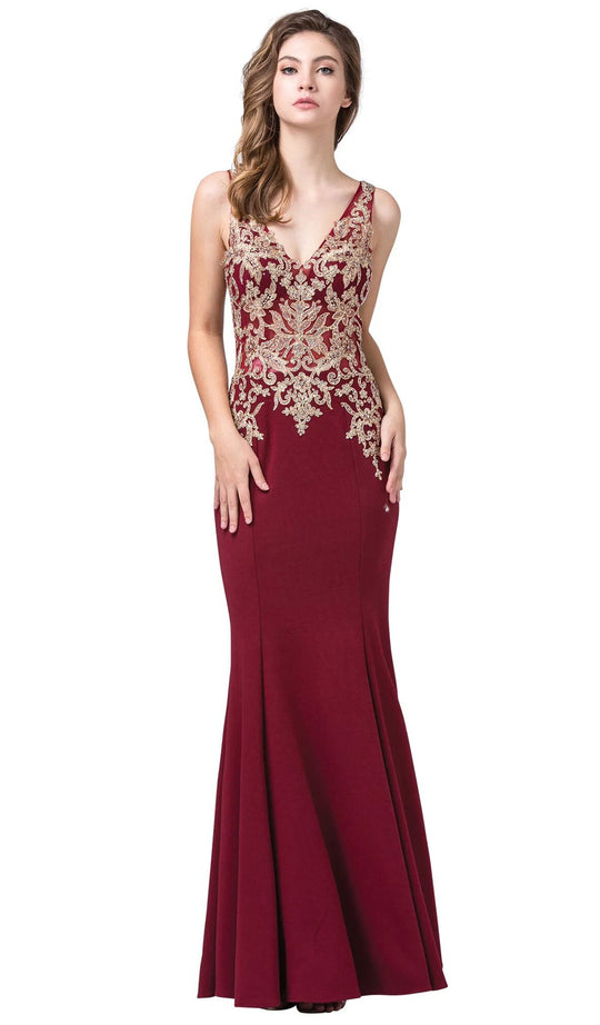 Dancing Queen - 2496 Sleeveless Embroidered V-neck Trumpet Dress In Red