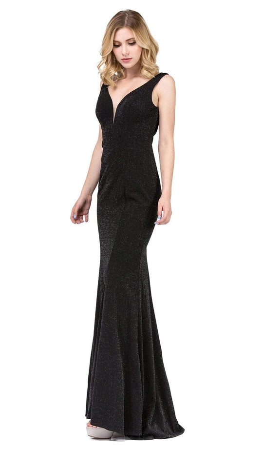 Dancing Queen - 2497 Shimmer Fabric Plunging Neck Fitted Prom Dress In Black