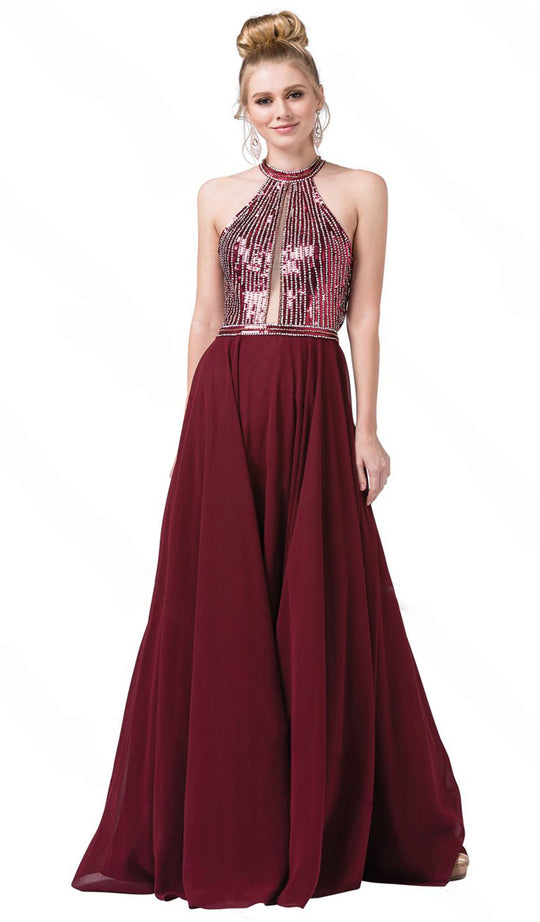 Dancing Queen - 2498 Sequined Halter A-Line Prom Gown In Red
