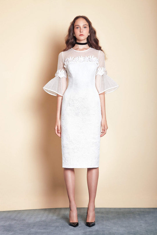 Saiid Kobeisy - Pre-Fall19-24 Bell Sleeve Brocade Sheath Dress In White