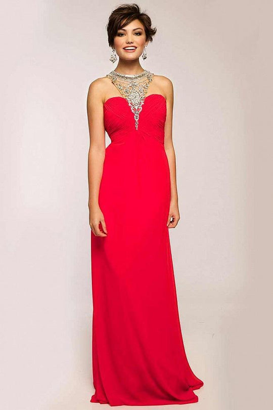 Jeweled and Ruched Halter Neck Empire Waist Sheath Dress JVN98641