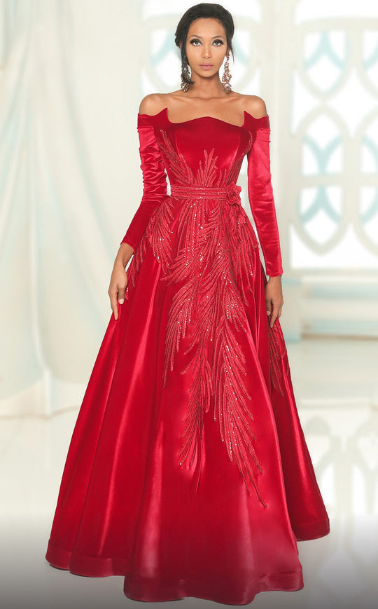 MNM COUTURE - 2510 Embellished Off-Shoulder A-line Gown In Red