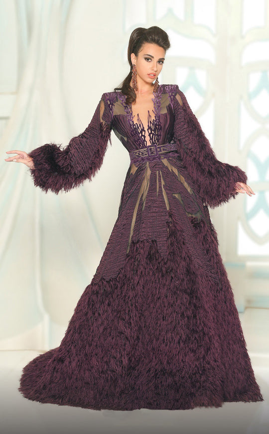 MNM COUTURE - 2511  Feather Fringed Long Bishop Sleeve Ballgown In Purple