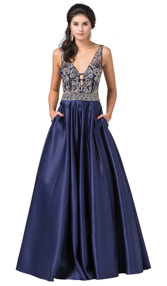 Dancing Queen - 2512  Intricate Beaded Ladder Banded Plunge Gown In Blue