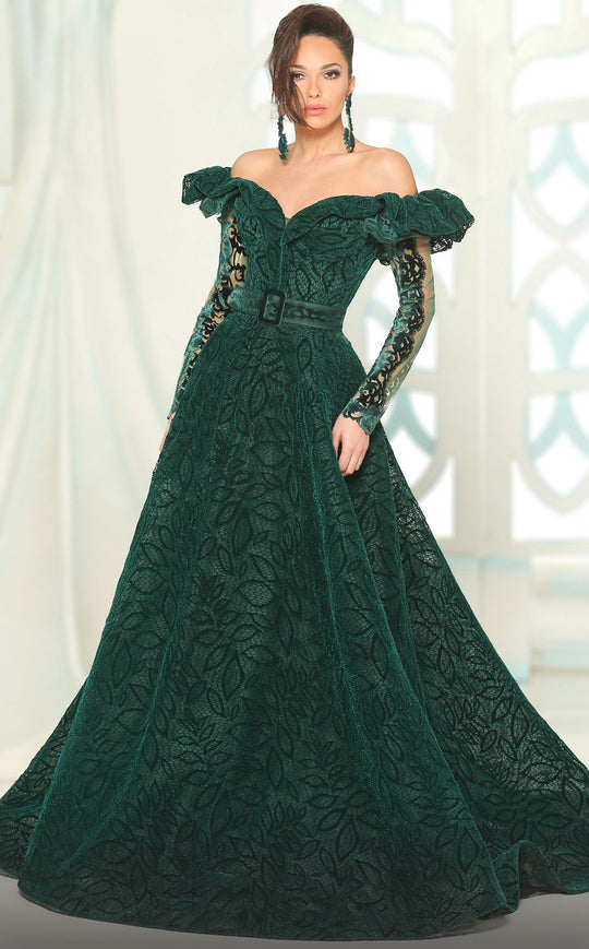 MNM COUTURE - 2512 Ruffled Off Shoulder Lace Ballgown In Green