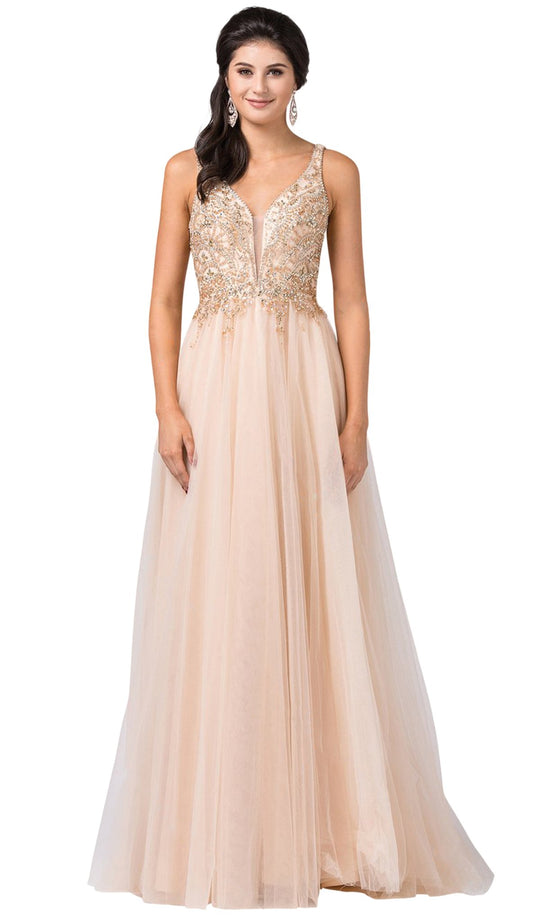 Dancing Queen - 2514 Plunging V-Neck Bejeweled Bodice A-Lin Gown In Neutral