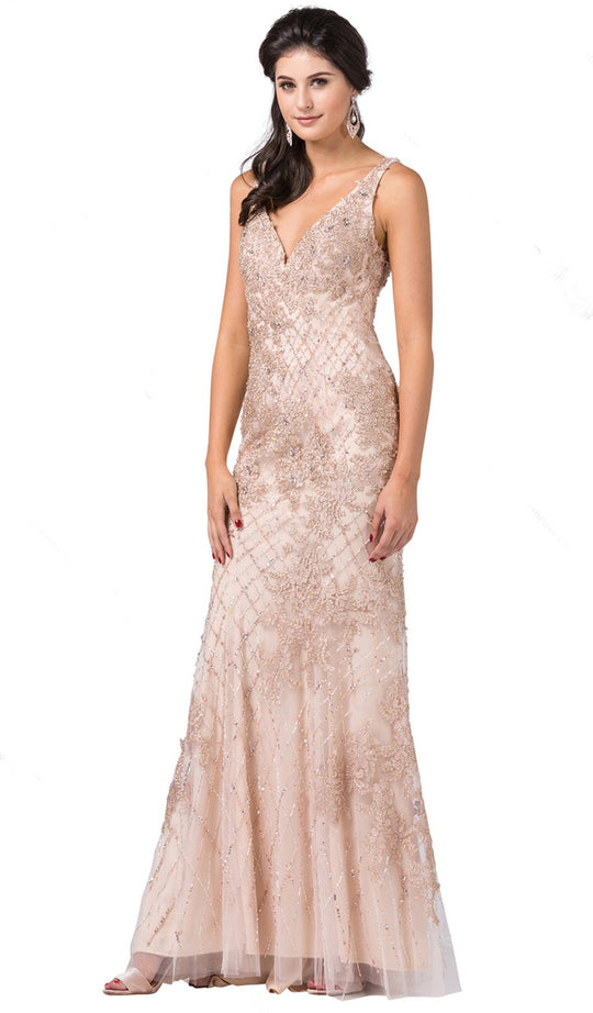Dancing Queen - 2515 Deep V-Neck Beaded Trumpet Gown In Neutral