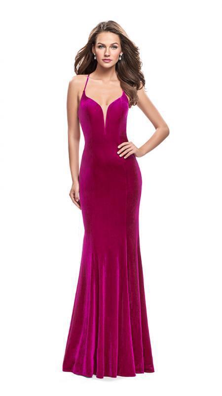 La Femme Strappy Plunging Sweetheart Velvet Sheath Gown 25174 - 1 pc Fuchsia In Size 12 Available
