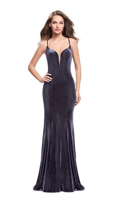 La Femme - 25174 Plunging Sweetheart Velvet Sheath Gown in Gray