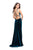 La Femme V-Neck Draped Velvet High Slit Sheath Evening Gown in Blue