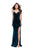 La Femme V-Neck Draped Velvet High Slit Sheath Evening Gown in Blue