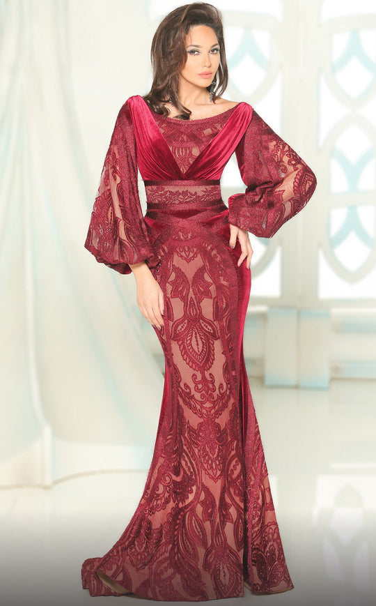 MNM COUTURE - 2518 Lace Embroidered Bateau Trumpet Dress In Red