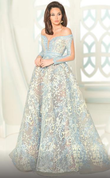 MNM COUTURE - 2520 Embroidered Plunging Off-Shoulder Ballgown In Blue