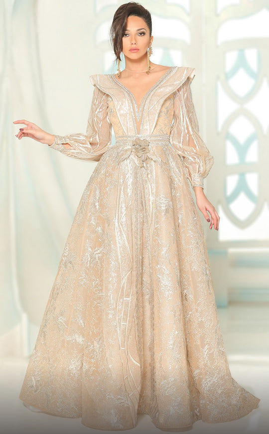 MNM COUTURE - 2522 Illusion Jewel Lone Sleeves Gown In Ivory
