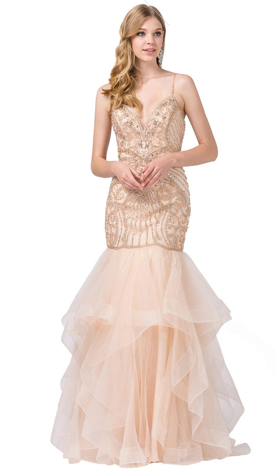 Dancing Queen - 2523 Bead-Adorned Plunging Sweetheart Trumpet Gown In Neutral