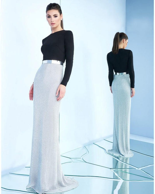 Ieena Duggal  - 25242 Long Sleeve Jewel Column Gown In Black and Silver