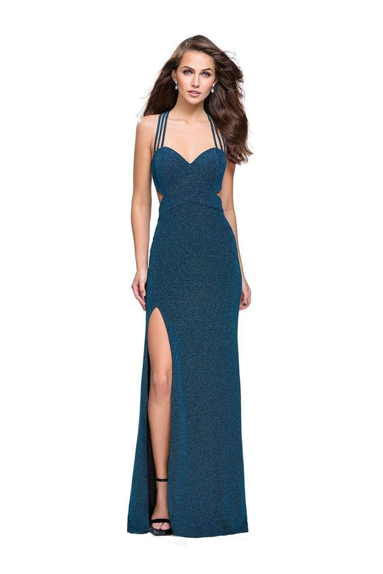 La Femme Fitted Strappy Sweetheart Back Glitter Jersey Gown 25258 In Teal
