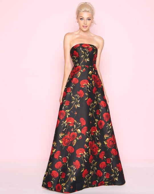 Mac Duggal - 25263L Strapless Rose Print Dress In Black and Red