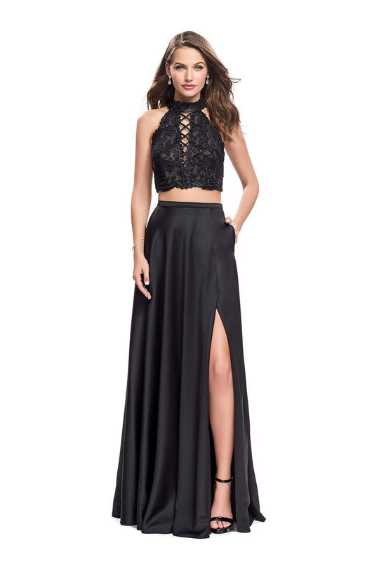 La Femme - 25263 Two-Piece High Halter Lace Up Bodice A-Line Gown  In Black