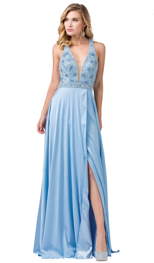 Dancing Queen - 2527 Beaded Crisscrossed Back High Slit Gown In Blue