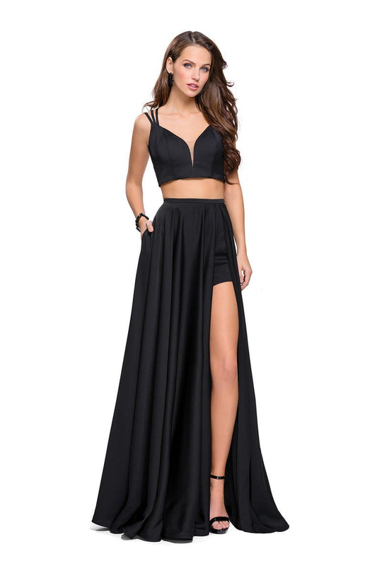 La Femme - 25288 Two-Piece Plunging Strappy Satin A-Line Gown In Black
