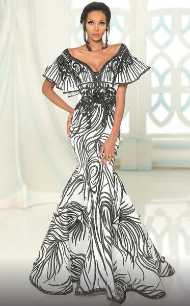 MNM COUTURE - 2529 Embroidered Wide V-neckline Mermaid Dress In Black and White