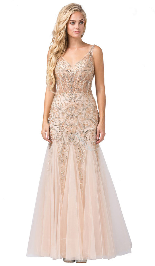 Dancing Queen - 2530 Embellished V-neck Trumpet Dress In Neutral