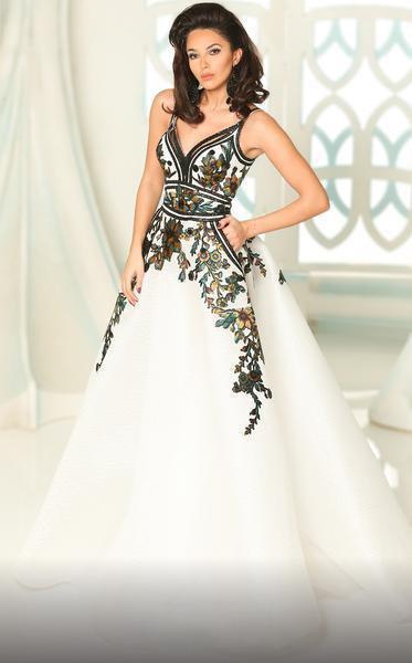 MNM COUTURE - 2531 Floral Plunging V-Neck Ballgown In White