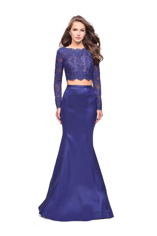 La Femme - 25324 Two-Piece Long Sleeve Lace Bodice Mikado Gown In Purple