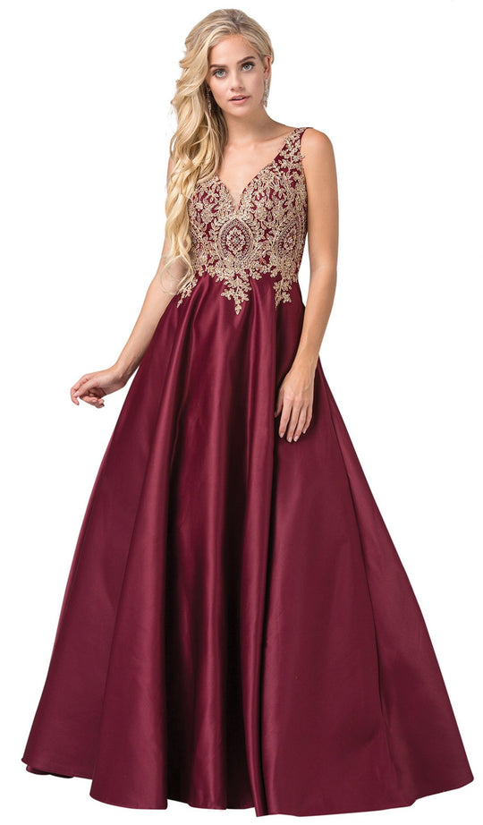 Dancing Queen - 2533 Gold Embellished Lace Bodice Satin A-Line Gown In Red