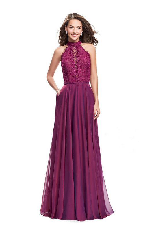 La Femme - 25347 Plunging Lace-Up Cutout Bodice Chiffon A-Line Gown In Pink