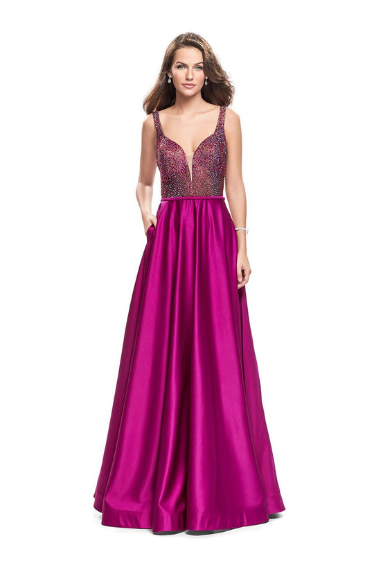 La Femme - 25348 Sleeveless Crystal Crusted Plunging Satin Gown in Pink