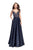 La Femme - 25348 Sleeveless Crystal Crusted Plunging Satin Gown in Blue
