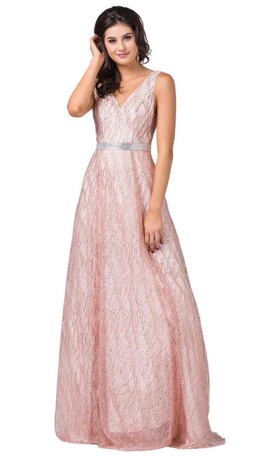 Dancing Queen - 2534 Glitter Mesh Sleeveless V-Neck Long A-Line Gown In Pink