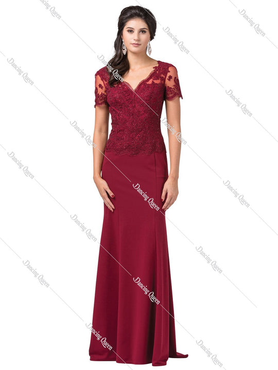 Dancing Queen - 2535 Short Sleeve Jeweled Appliqued Illusion Gown In Red