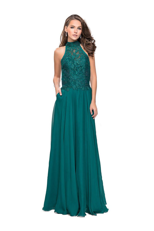 La Femme - 25355 Bejeweled Illusion Halter Lace Chiffon Gown In Green