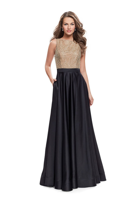La Femme - 25362 Beaded High Neck Satin A-line Gown In Black and Gold